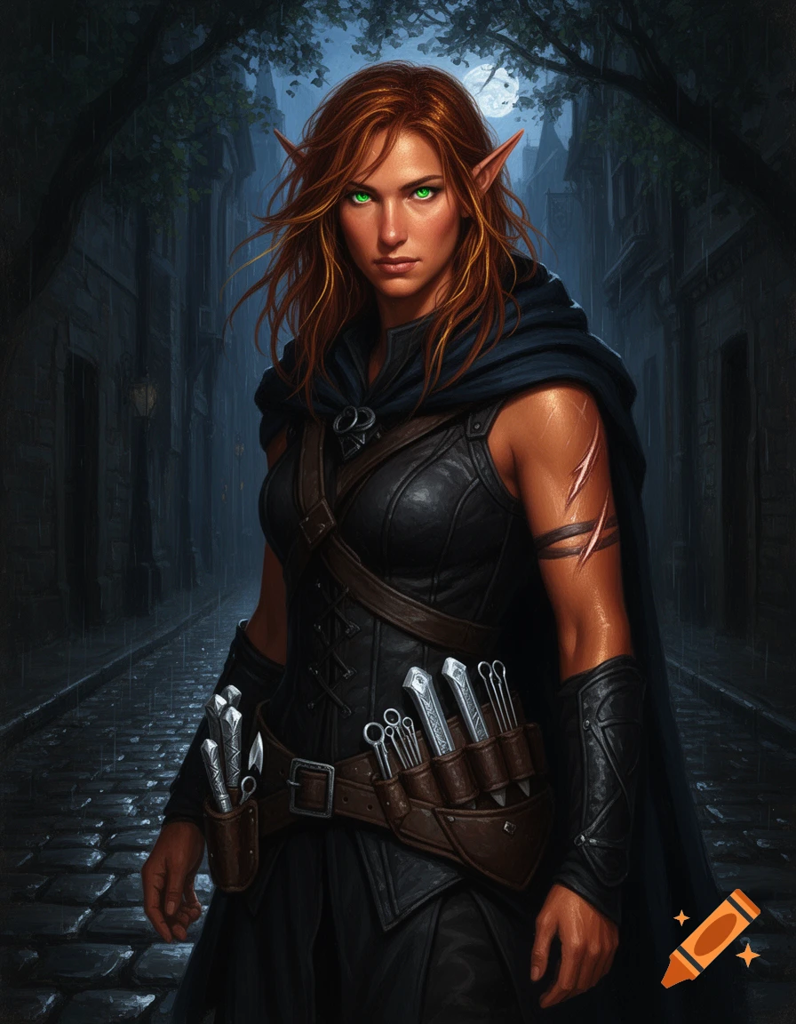 A fantasy portrait of a female elf rogue with auburn hair and green eyes, wearing black leather armor and a cloak, standing in a rain-slicked cobblestone alley.