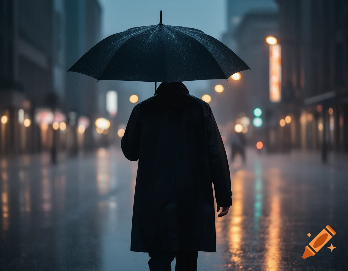 A lone person walks away from the camera on a rainy city street, holding a black umbrella with blurred city lights and reflections.