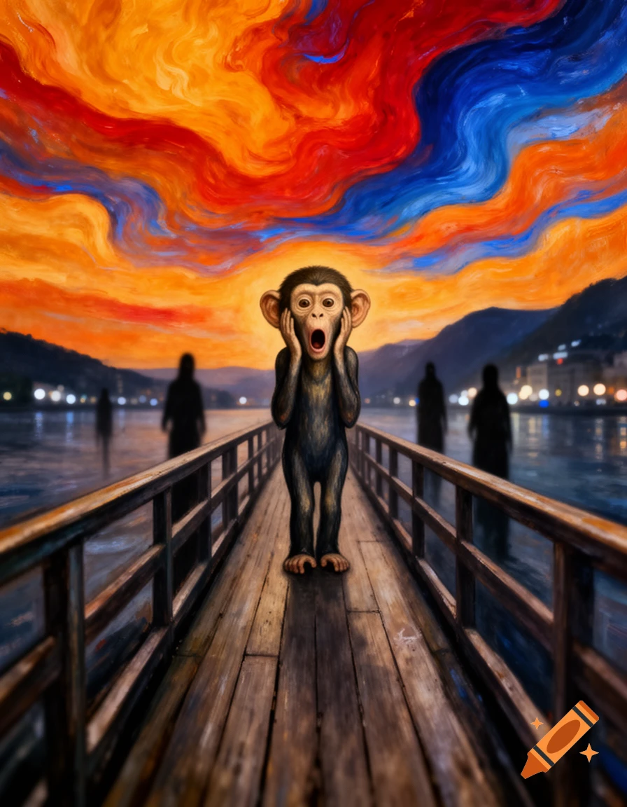 A monkey-like figure with a grotesque screaming face stands on a wooden bridge, against a swirling orange and blue sky, in a painting style.