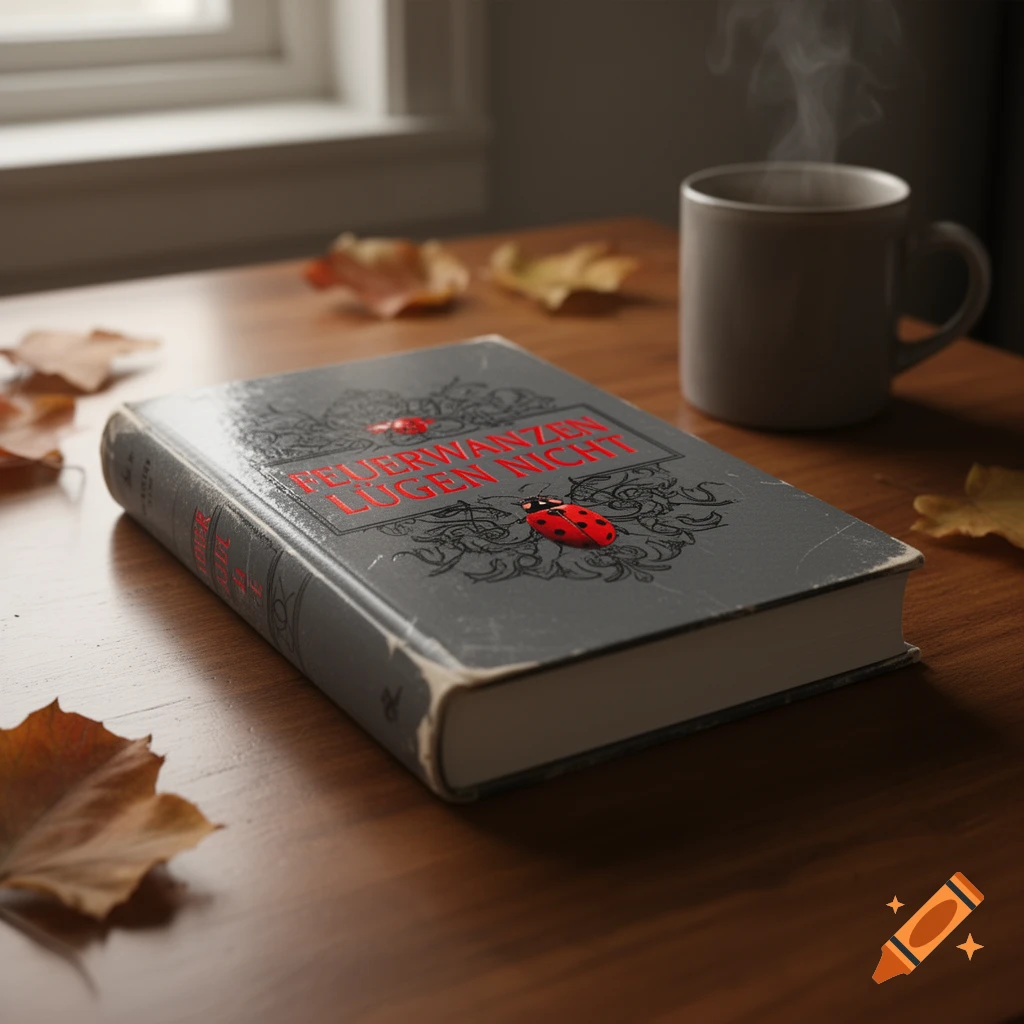 Photorealistic image of a gray book with 'FEUERWANZEN LÜGEN NICHT' on a wooden table with autumn leaves and a steaming mug.