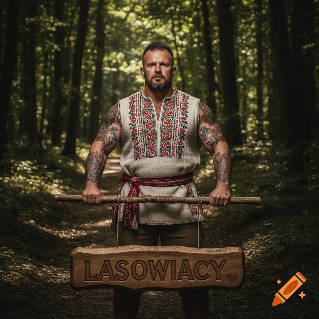 A muscular man with tattoos, wearing traditional embroidered clothing, stands in a forest holding a wooden sign that reads "LASOWIACY".
