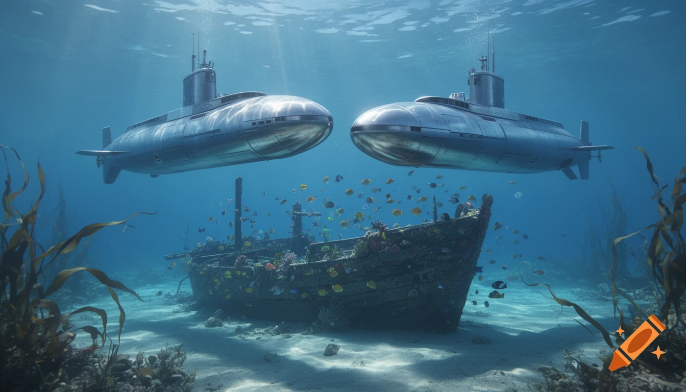 Two submarines face each other above a fish-filled shipwreck on the ocean floor, with sunlight filtering through the water.
