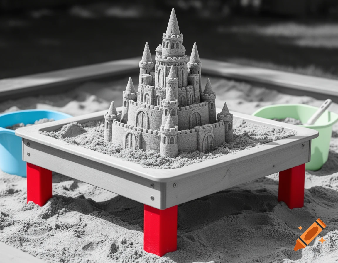 A detailed, monochrome sandcastle stands on a sandbox table with red legs, surrounded by sand and colorful blue and green buckets.