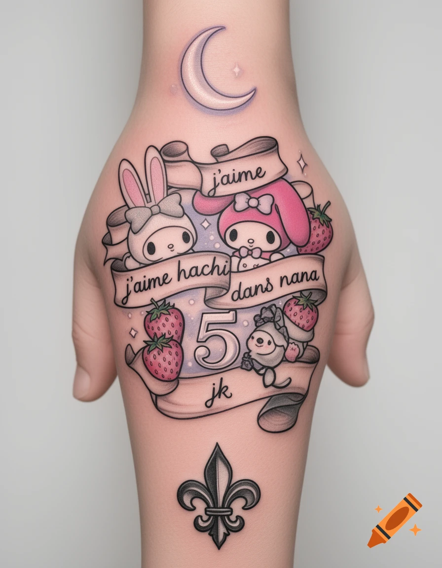 Colorful tattoo on a hand featuring My Melody, a rabbit, strawberries, a moon, the number 5, and text including 'j'aime hachi dans nana'.