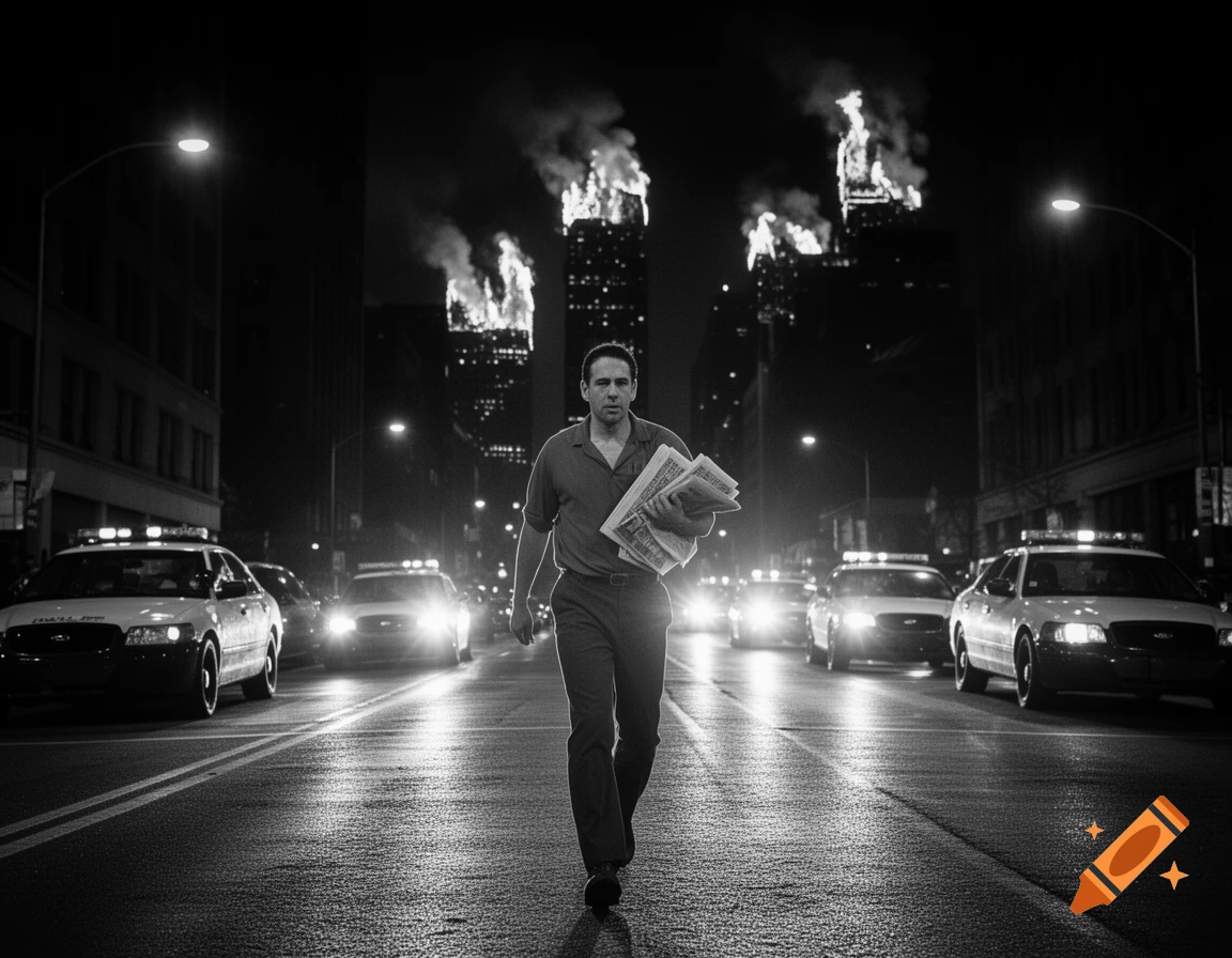 A man walks down a dark street carrying newspapers, surrounded by police cars, with buildings burning in the distance in a black and white photorealistic image.