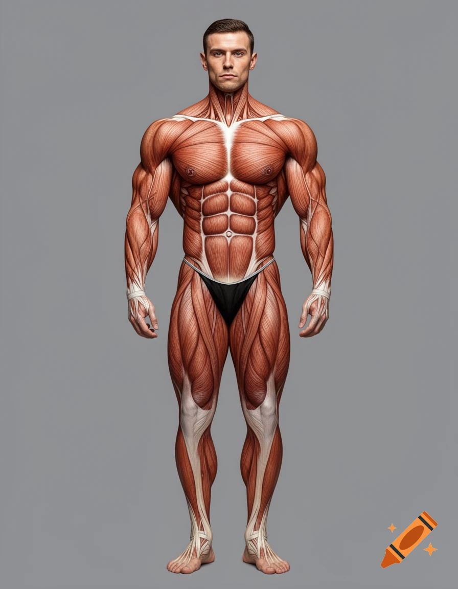 A detailed anatomical illustration of a male bodybuilder showing muscles and tendons, wearing a black posing trunk, on a gray background.