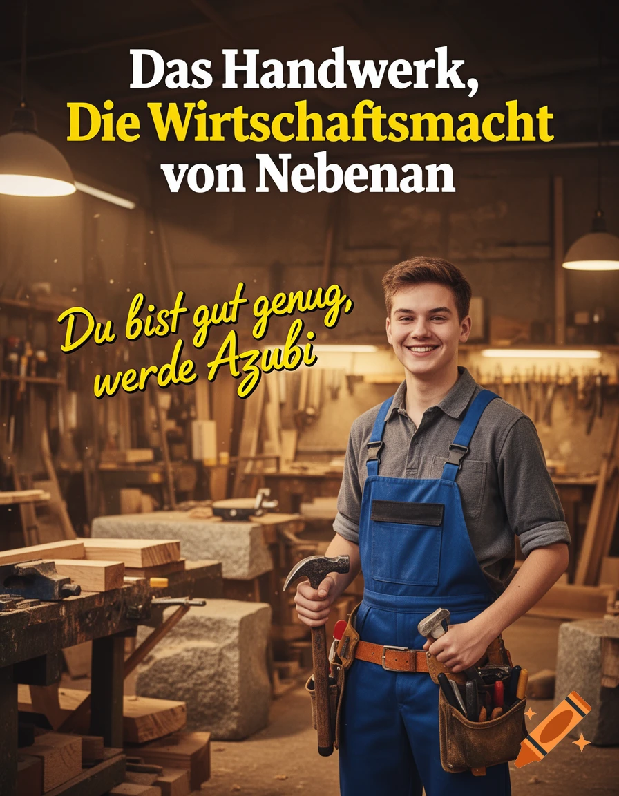 A smiling young man in blue overalls and a tool belt stands in a workshop, holding a hammer, with text about craftsmanship and apprenticeships.