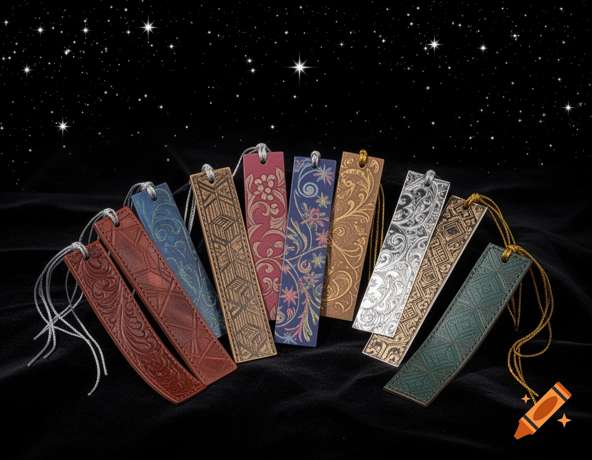 A collection of colorful patterned bookmarks with tassels, arranged on a dark surface under a starry night sky.