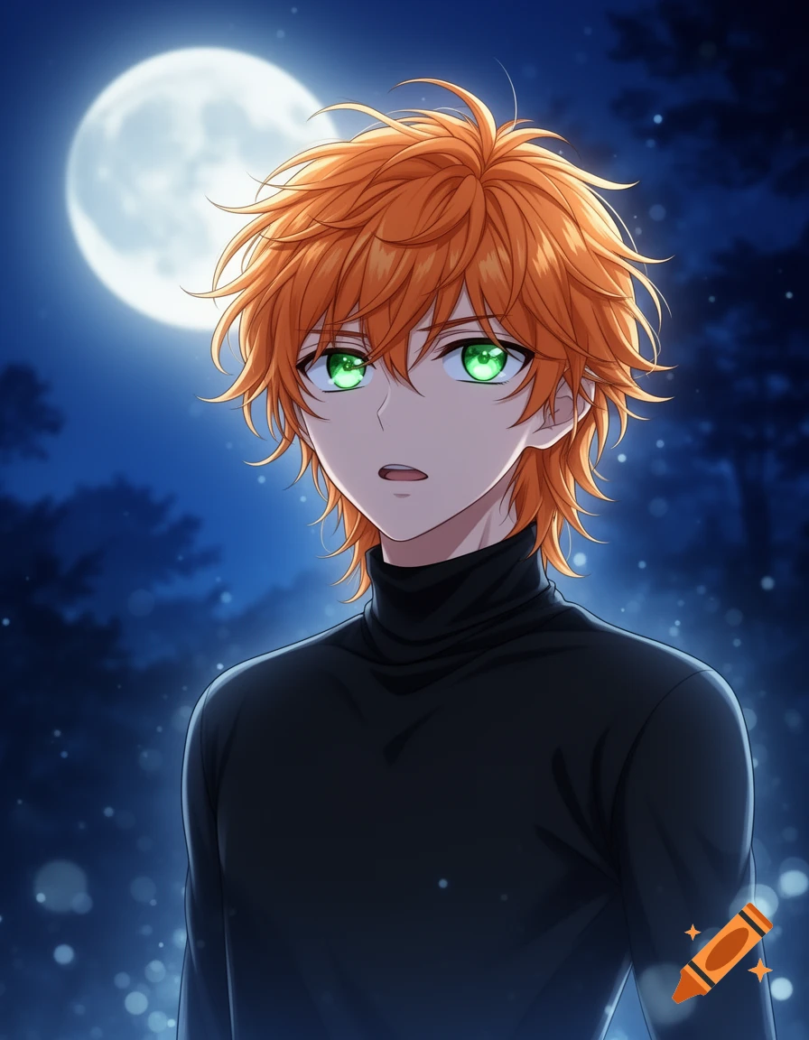 An anime boy with messy orange hair and glowing green eyes stands against a dark blue night sky with a full moon.