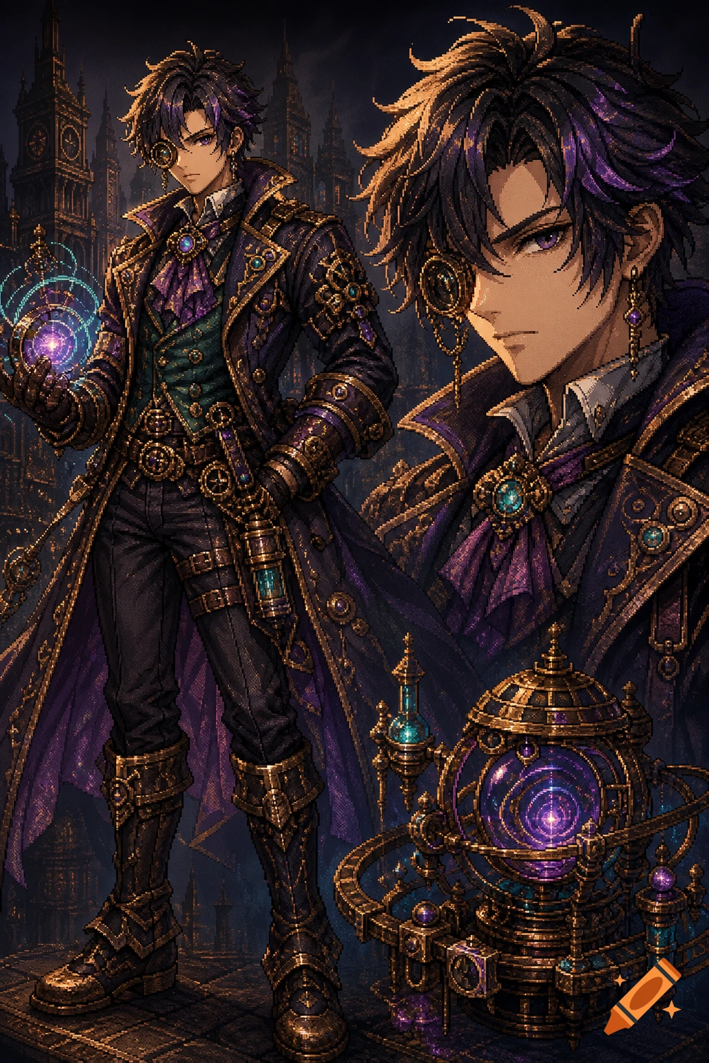 Pixel art of an anime steampunk character in a dark purple coat, holding a glowing orb against a city background.