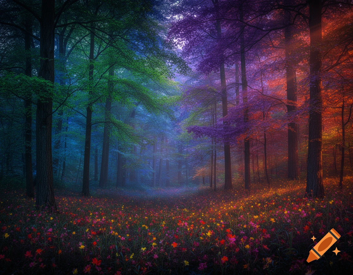 A vibrant, mystical forest with trees in glowing green, blue, purple, and red, and a dark ground covered in colorful, luminous flowers.