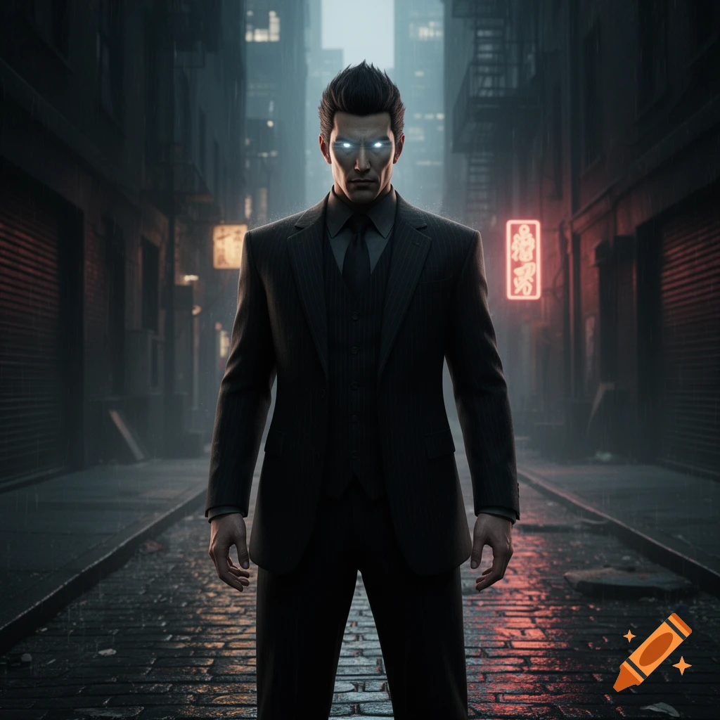 A stylized image of a man in a dark suit with glowing white eyes standing in a rainy, neon-lit city alley.