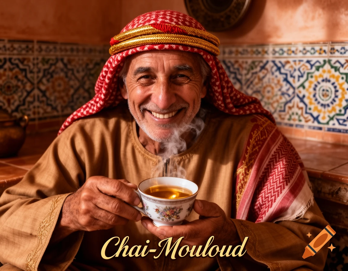 Smiling elderly man in traditional Maghrebi attire holding a steaming cup of tea, with 'Chai-Mouloud' text, photorealistic.