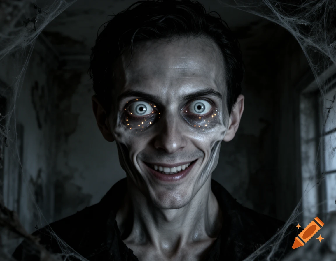 A gaunt, pale man with wide, glowing blue eyes and a creepy smile is framed by cobwebs in a dark, decaying room.