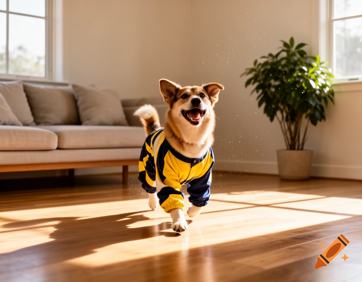 A happy dog in a yellow and blue striped sweater runs across a sunlit wooden floor in a living room.