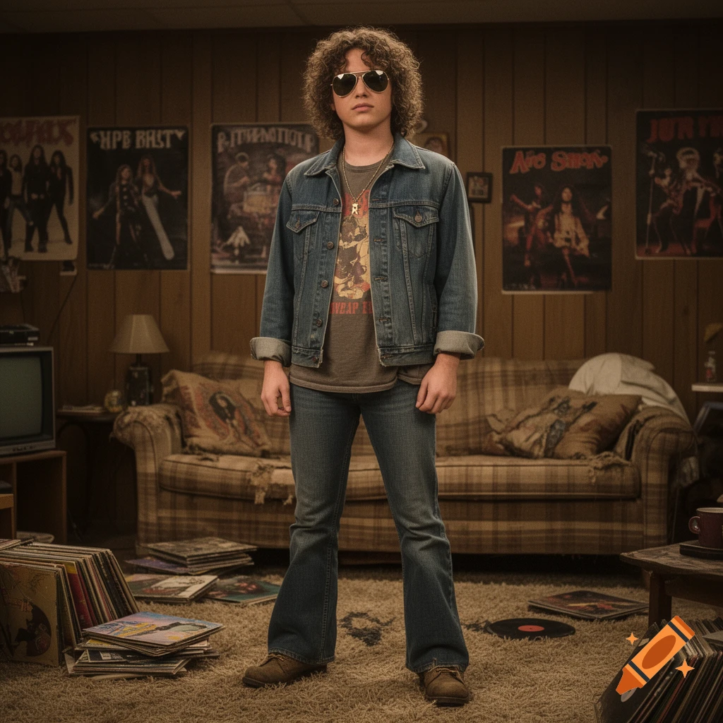 A young man with curly hair and aviator sunglasses, wearing a denim jacket and flared jeans, stands in a retro 70s basement.