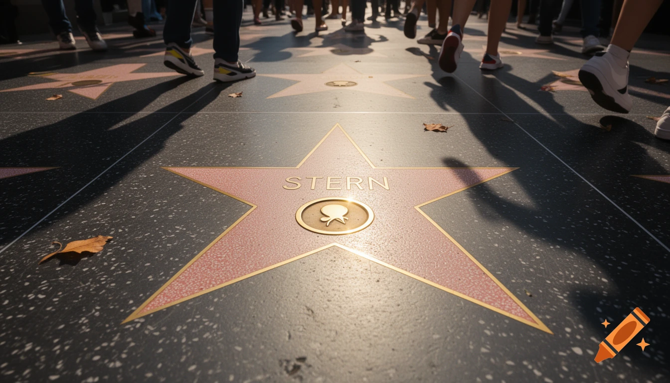Low-angle photo of a 'Stern' star on a Hollywood Walk of Fame sidewalk, with blurred legs and long shadows of people walking past.