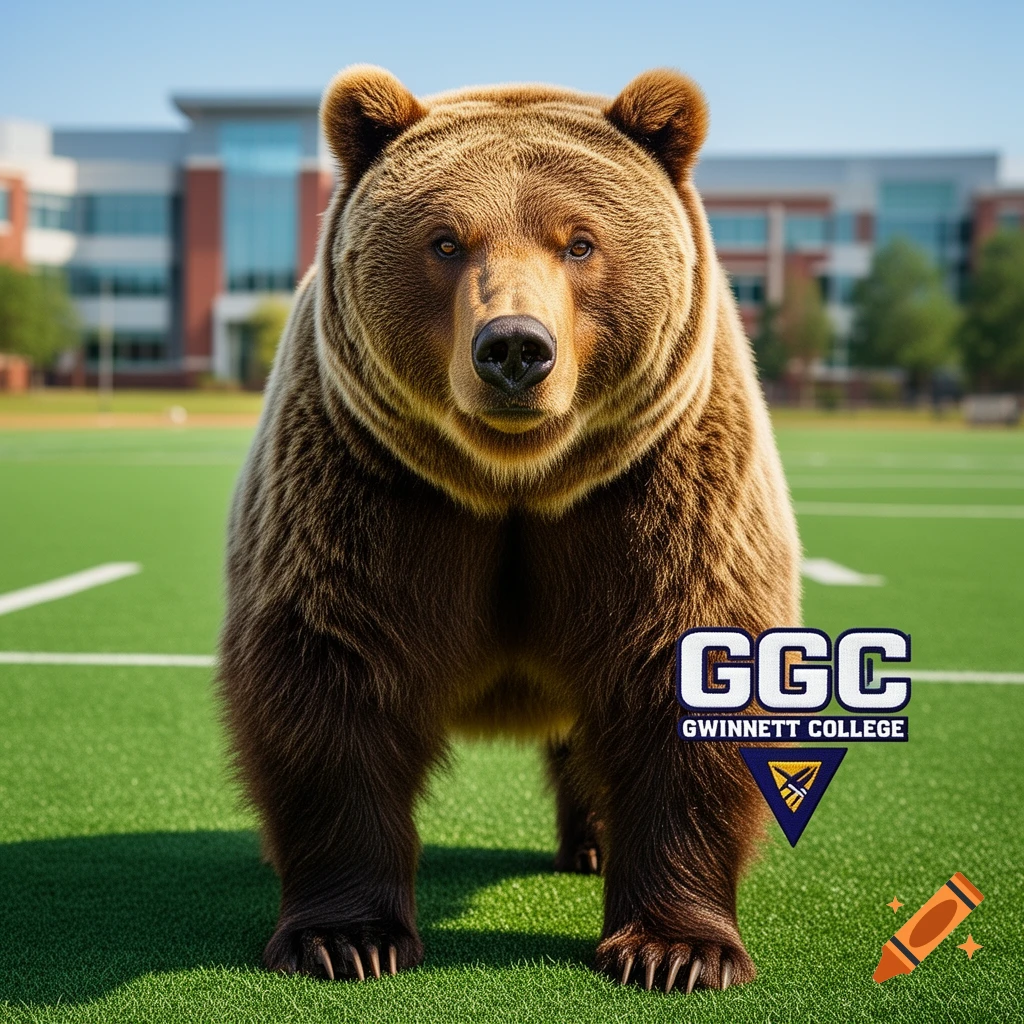 A large photorealistic brown bear mascot stands on a green football field with a college logo and buildings in the background.