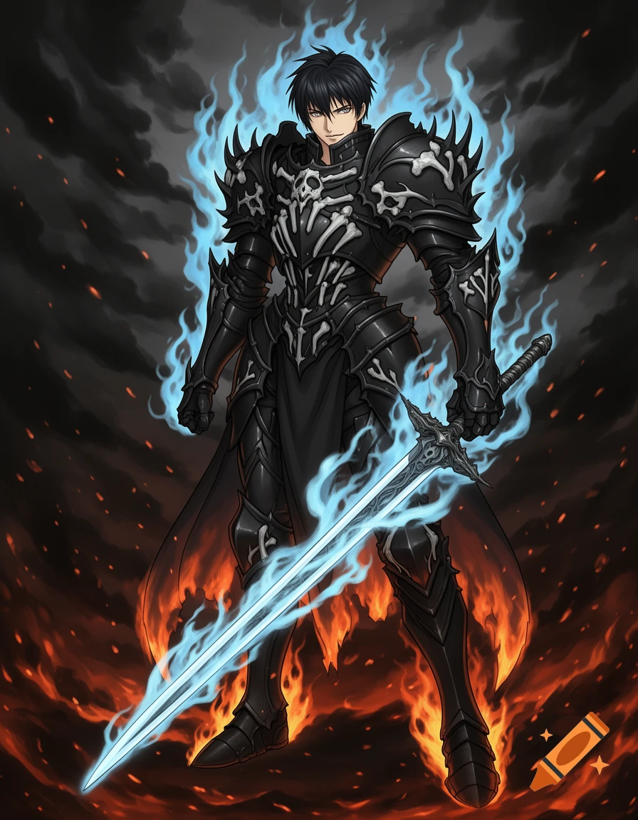 Anime art of a handsome young man in black bone-themed plate armor, surrounded by blue flames, holding a glowing blue longsword.
