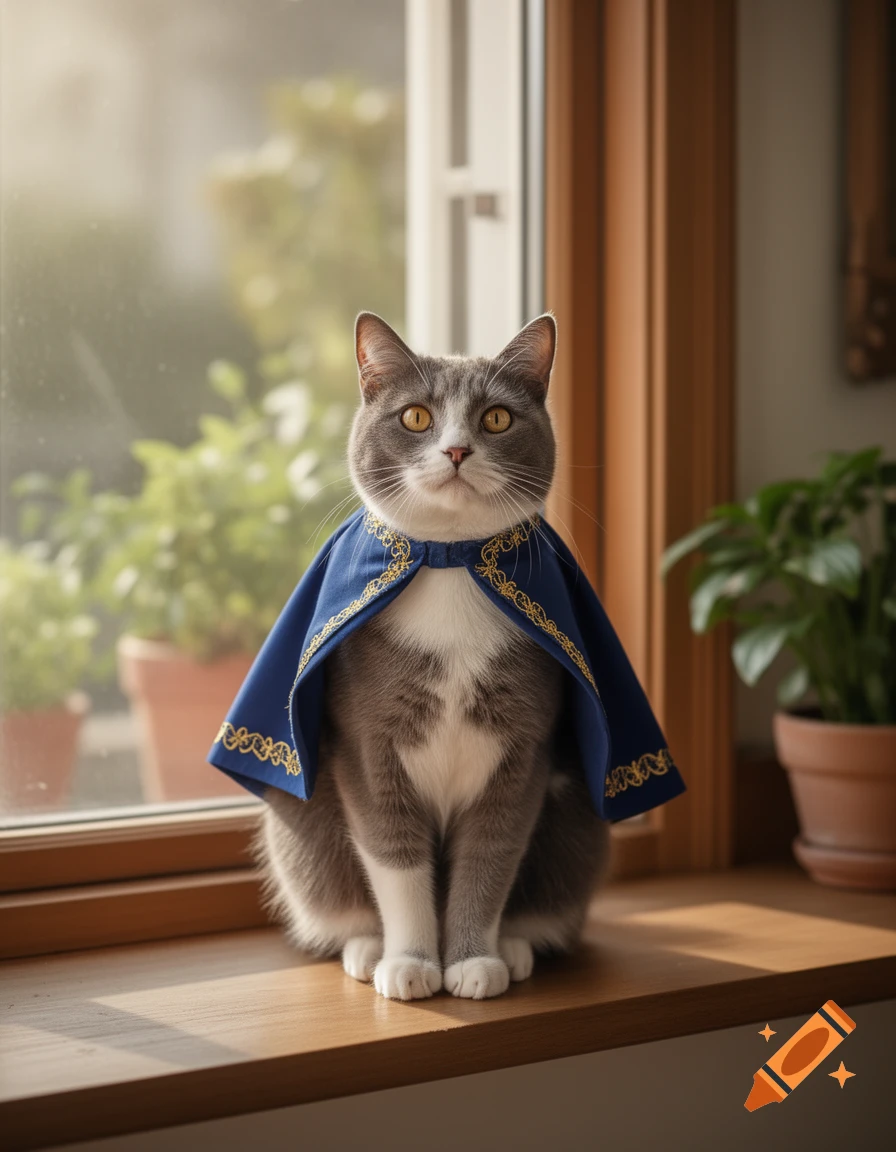 A grey and white cat wearing a blue cape with gold trim sits on a sunlit wooden windowsill, looking forward.