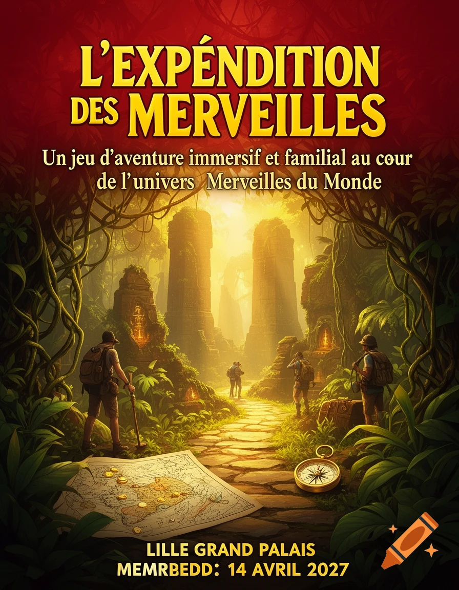 An adventure poster with a jungle path leading to ancient ruins, explorers, a map, and a compass, featuring text about an event.