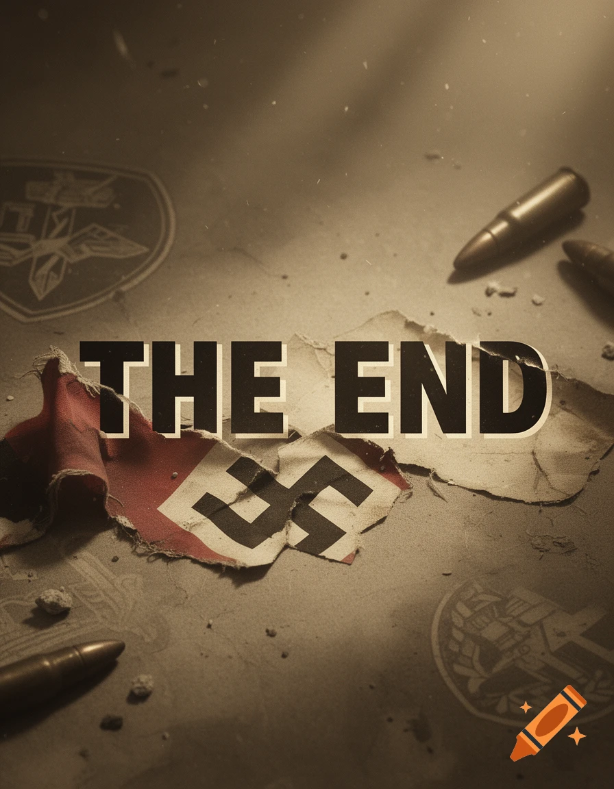 Large text 'THE END' over a torn Nazi swastika flag, bullet casings, and military emblems in a gritty, sepia-toned style.
