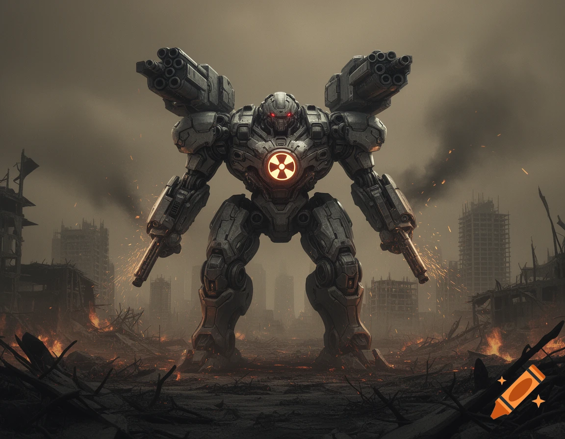 A heavily armored combat robot with shoulder-mounted cannons and handguns stands amidst a destroyed, burning city under a gloomy sky, featuring a glowing nuclear symbol on its chest in a dark, gritty style.