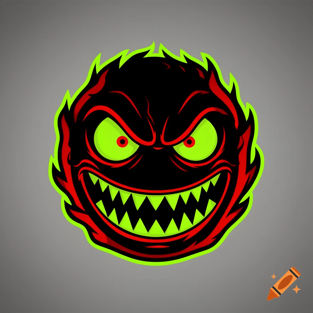 A stylized black and red monster emoji with sharp green teeth and glowing eyes, outlined in neon green, on a gray background.