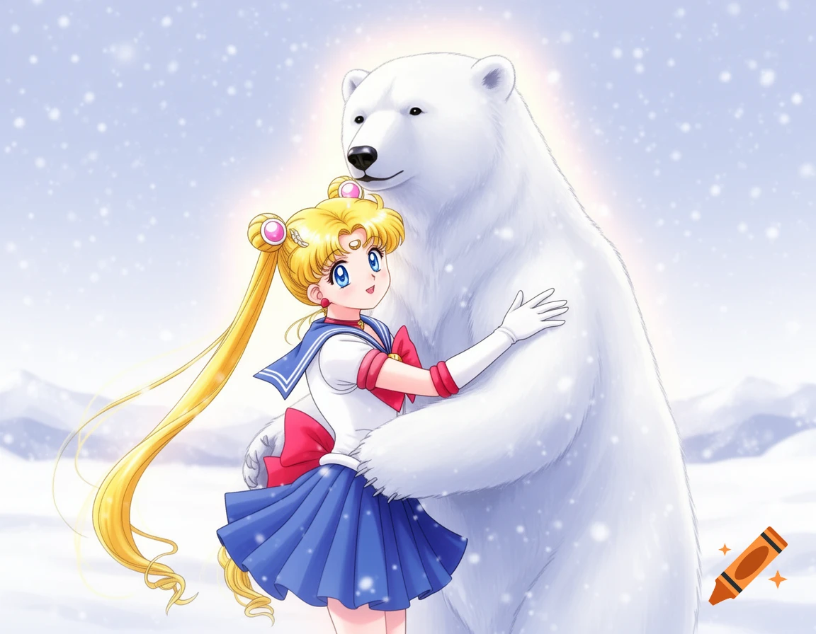 An anime character resembling Sailor Moon with long blonde pigtails hugs a large white polar bear in a snowy landscape with falling snowflakes.