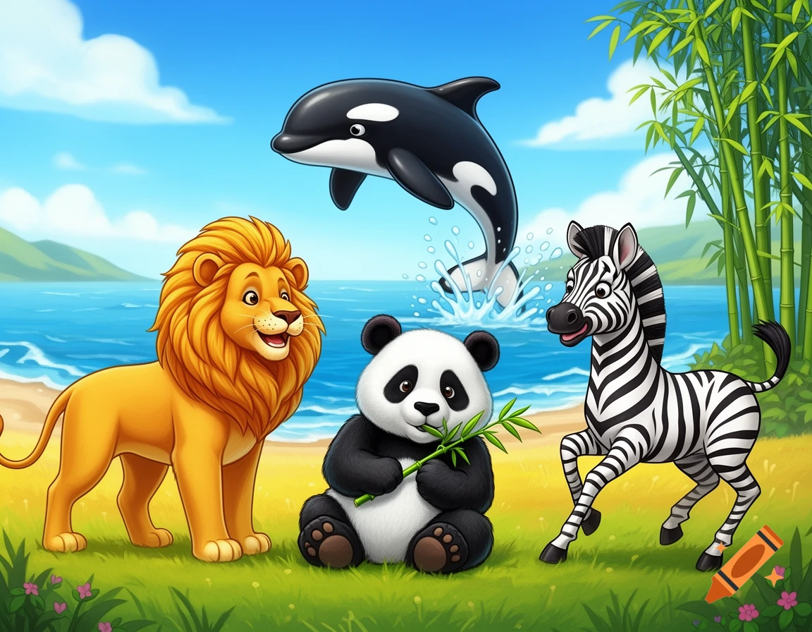 Cartoon lion, panda, and zebra on a sunny beach with an orca jumping from the ocean, featuring bamboo and green grass.