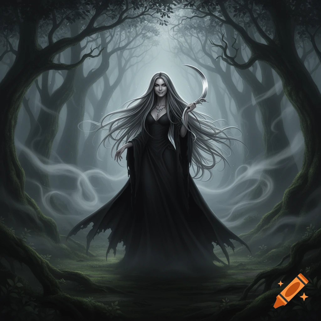 A pale witch with long white hair in a flowing black gown stands in a misty, dark forest, holding a crescent-shaped scythe.