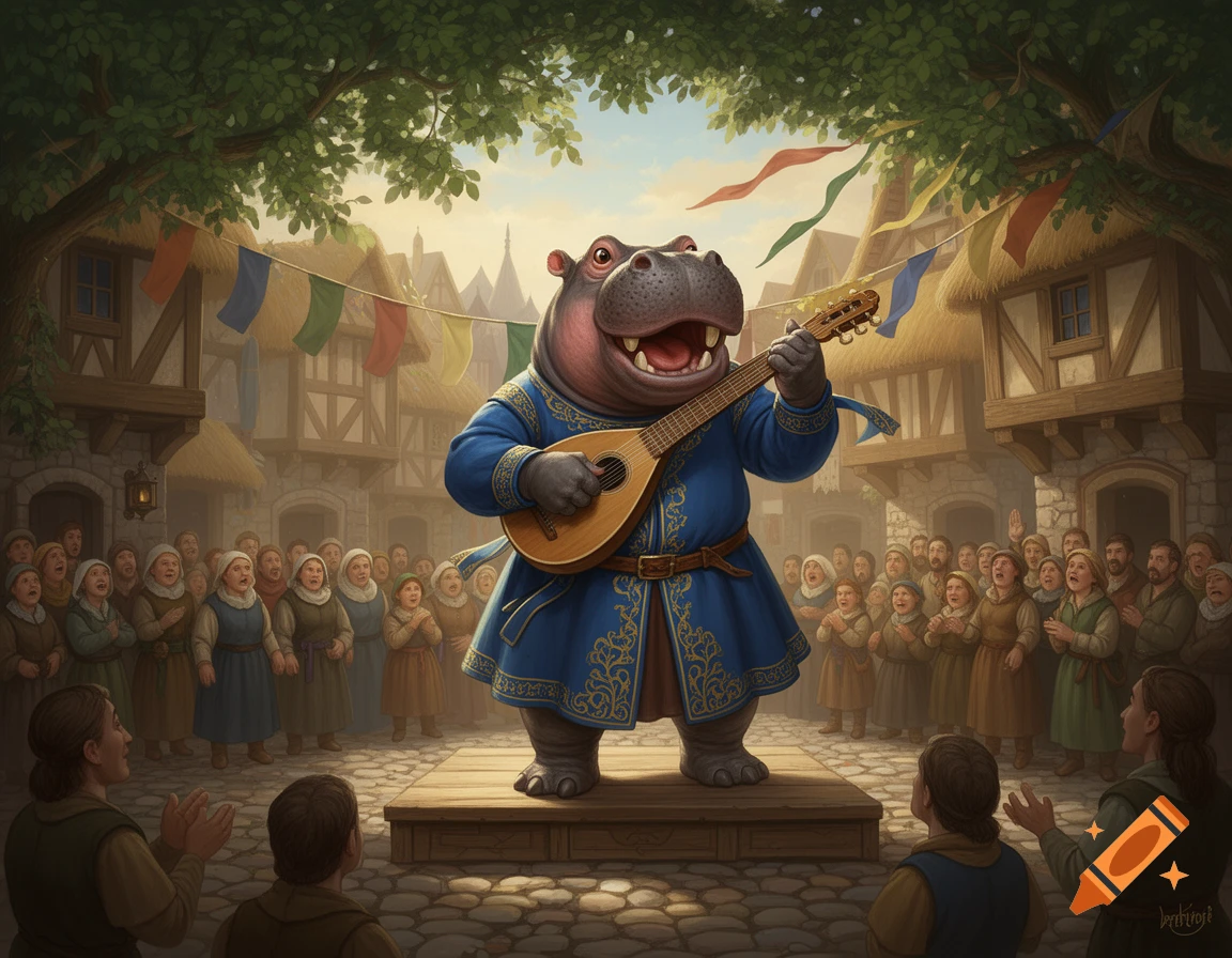 An anthropomorphic hippo bard in a blue outfit joyously plays a lute on a stage in a medieval fantasy village square, with a crowd watching.