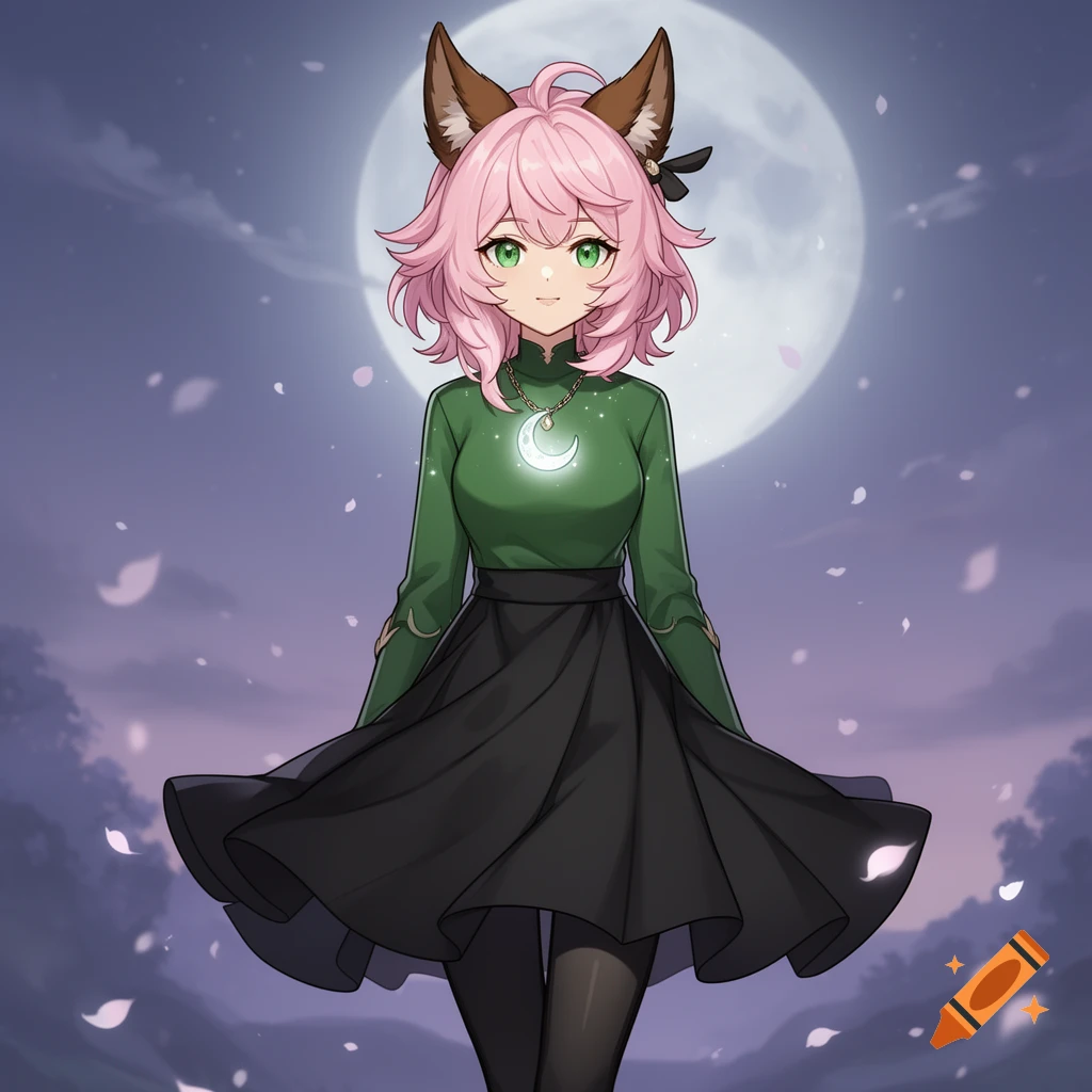 Anime girl with pink hair, wolf ears, and green eyes, wearing a green top, black skirt, and moon pendant, under a full moon with falling petals.