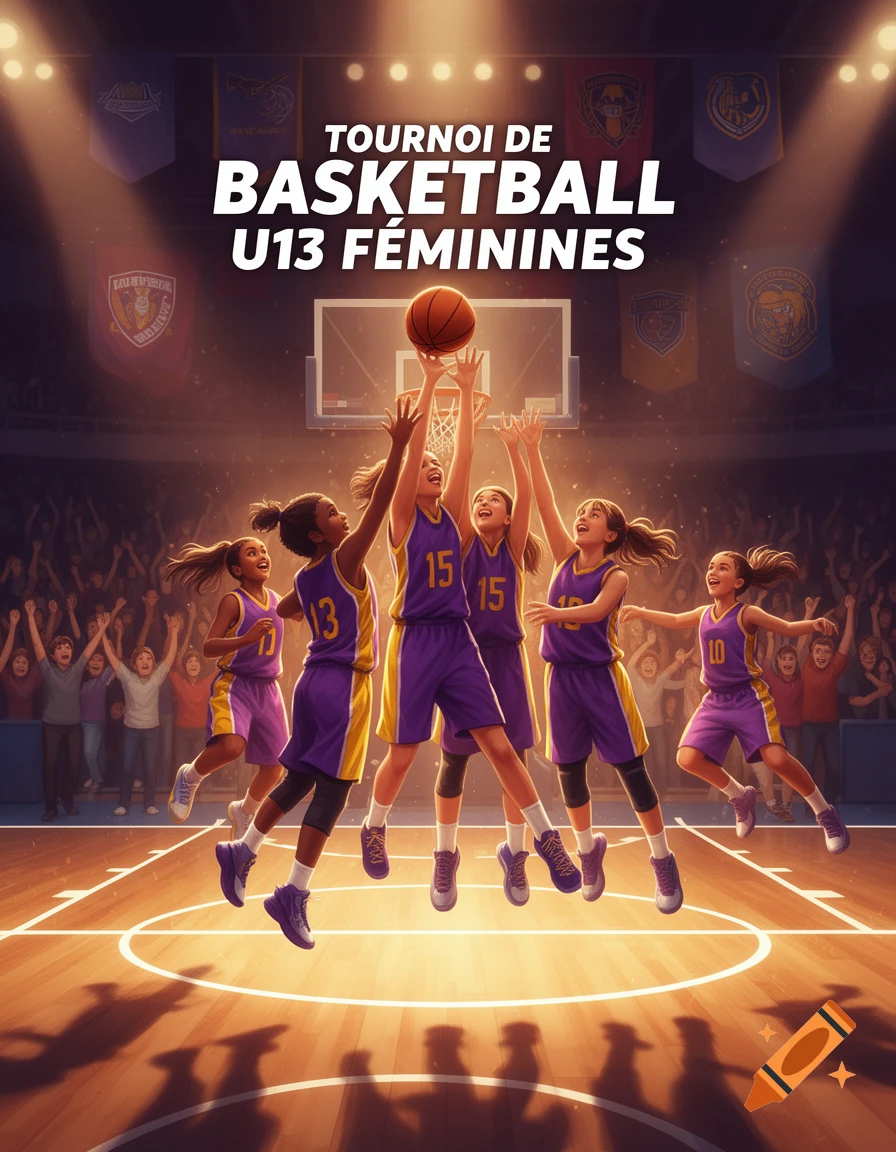 Vibrant poster of young female basketball players jumping to reach a ball under the hoop, with text 'TOURNOI DE BASKETBALL U13 F\u00c9MININES'.