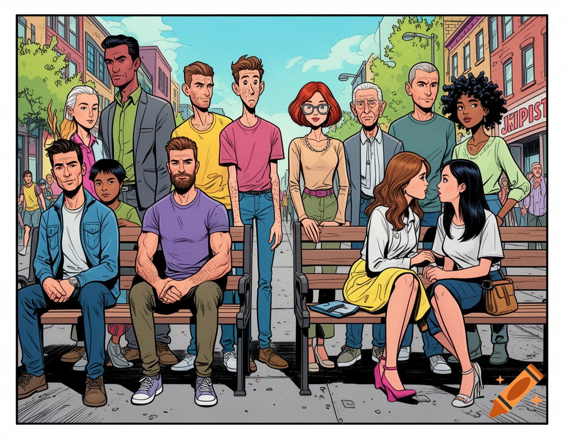 A diverse group of people, including two women holding hands on a bench, in a vibrant comic book style urban setting.