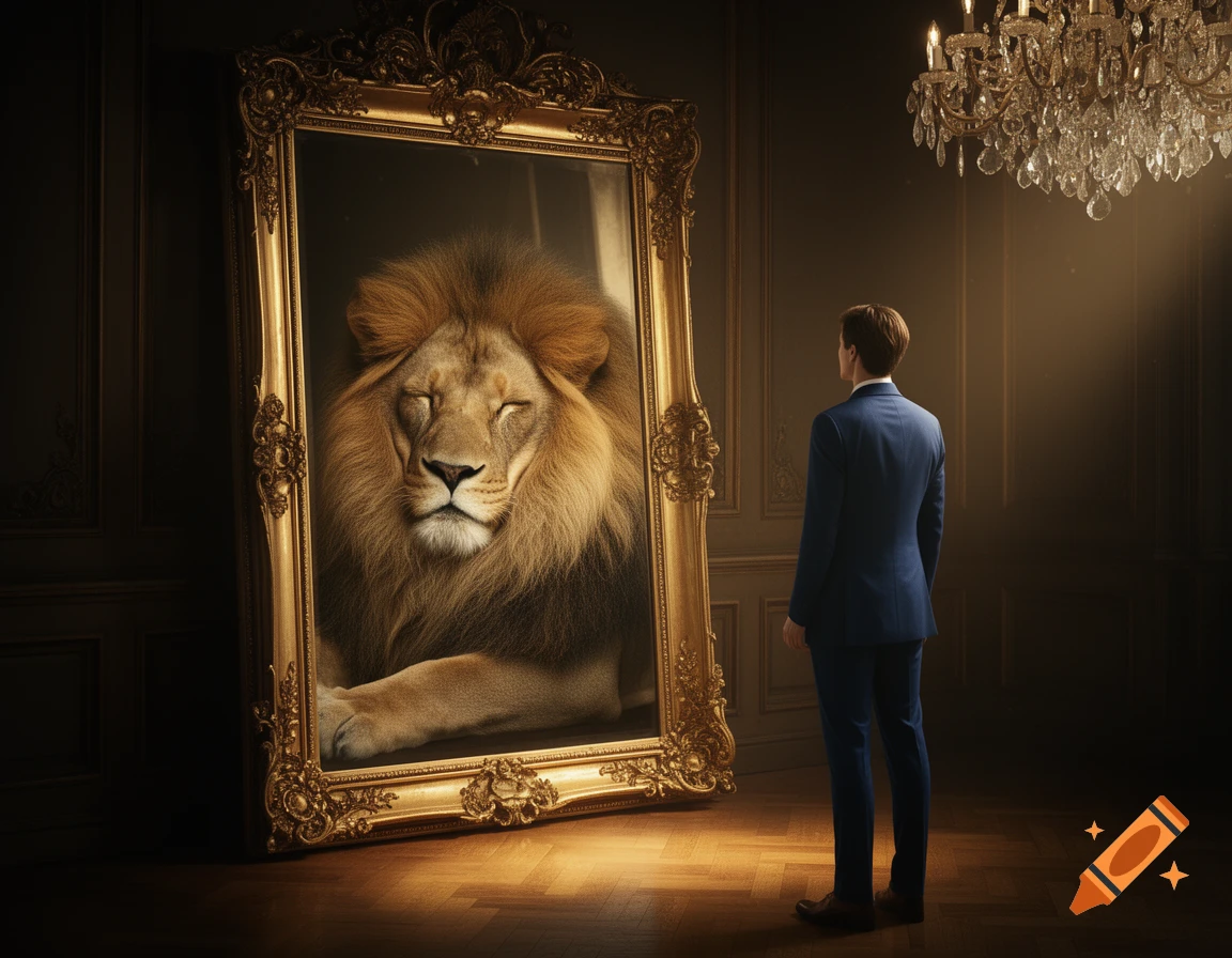 A man in a suit looks into a large ornate mirror reflecting a majestic lion in a luxurious, dimly lit room.