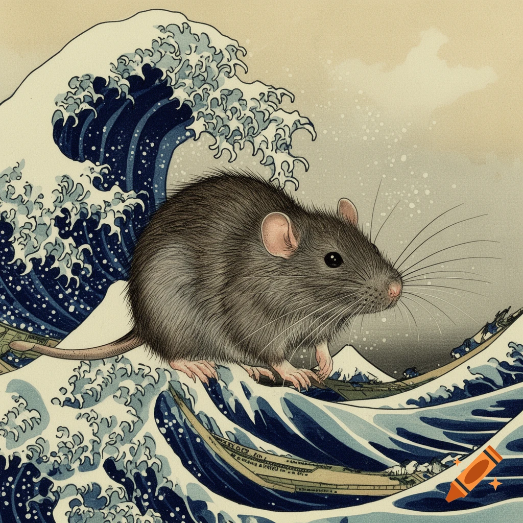 A large grey rat stands on cresting waves in the style of Hokusai's Great Wave, with small boats in the background.