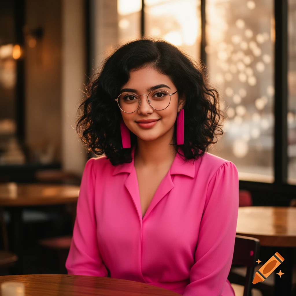 A smiling young woman with black curly hair, glasses, and large pink earrings wears a pink shirt, sitting in a cafe.