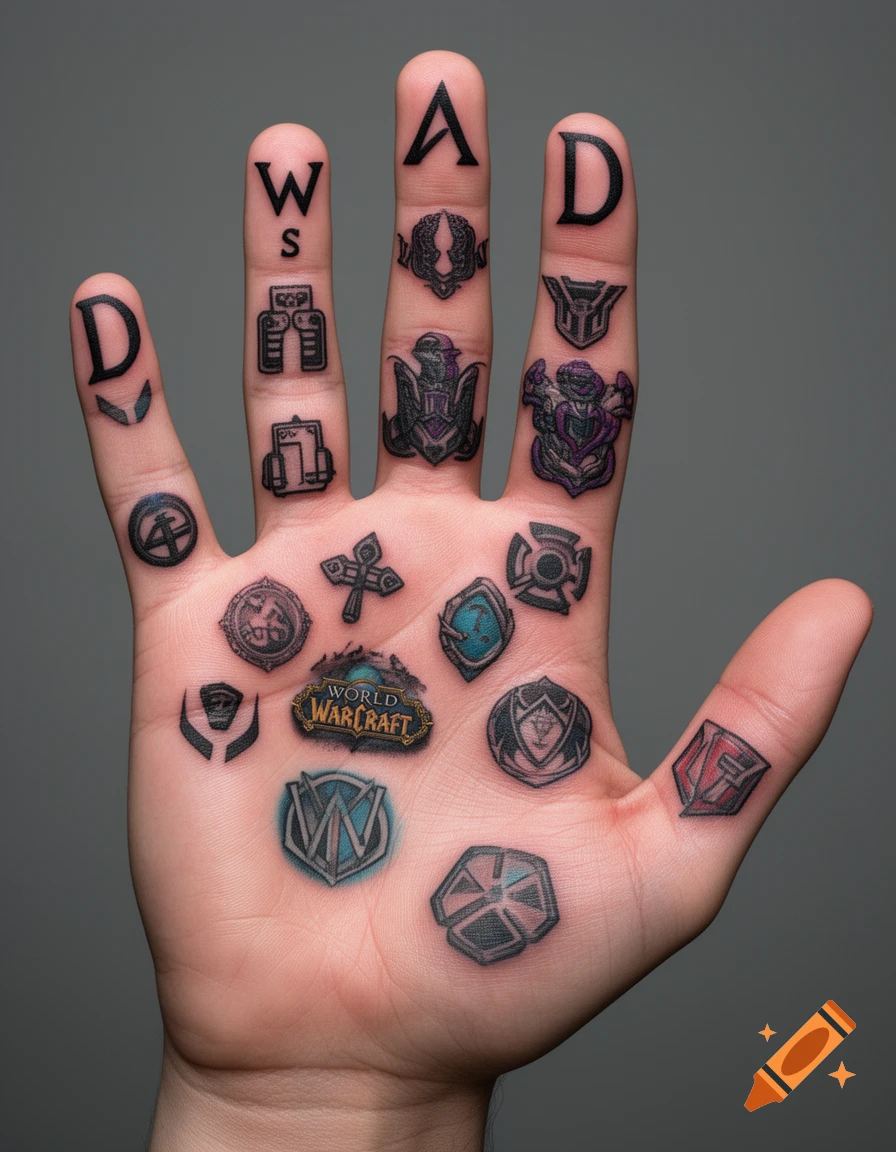 A human hand displaying numerous small tattoos, including the letters W, S, A, D on the fingers and various video game logos and symbols on the palm, like World of Warcraft.