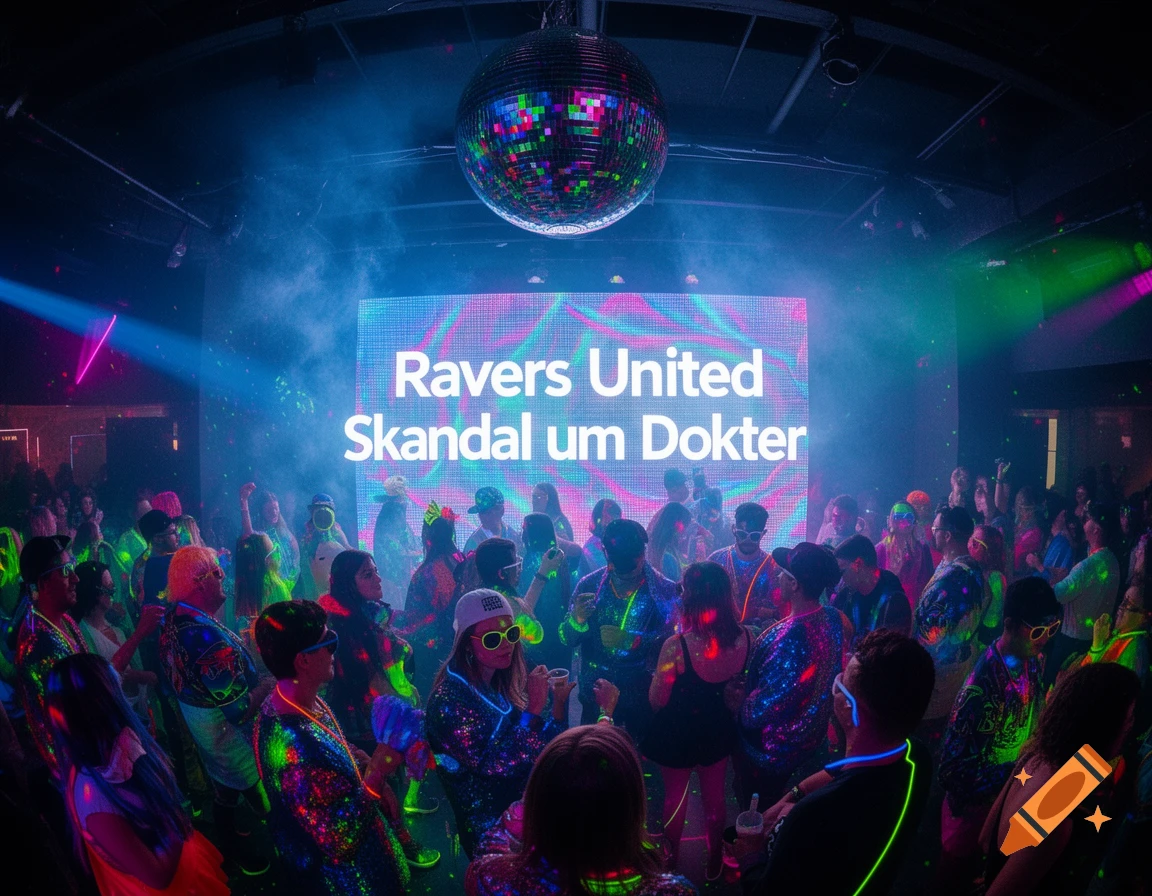 A crowded rave party with neon lights, a disco ball, and a large screen displaying "Ravers United Skandal um Dokter".