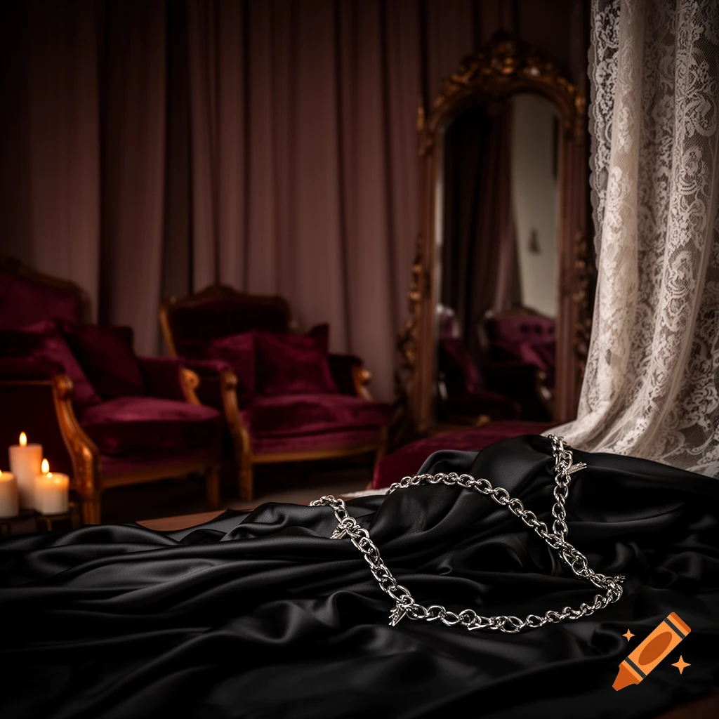 A silver chain draped on black satin fabric in a dimly lit, luxurious room with red velvet chairs, candles, and an ornate mirror.