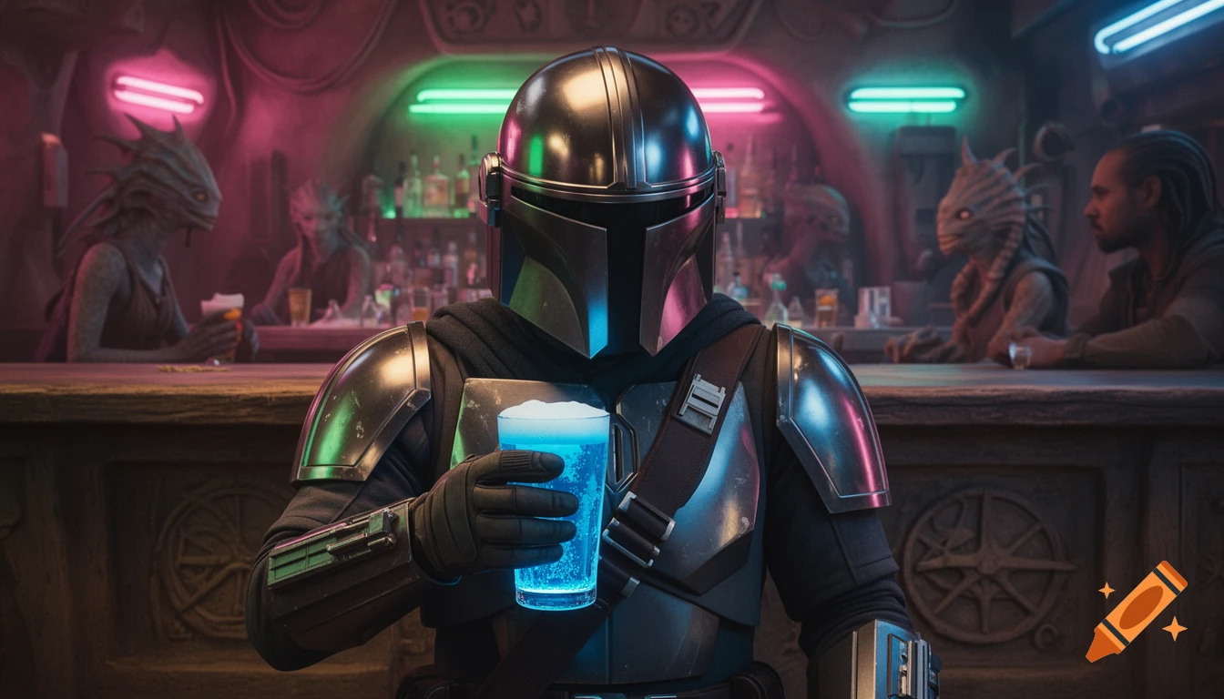 Photorealistic image of The Mandalorian in full Beskar armor, helmet on, holding a glowing blue drink at a rustic, neon-lit cantina.