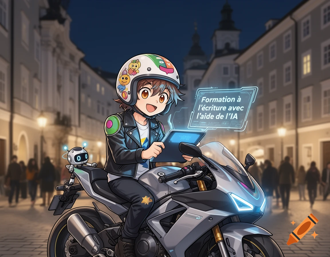 Anime character on a motorcycle at night, holding a tablet with a holographic display showing "Formation à l'écriture avec l'aide de l'IA".