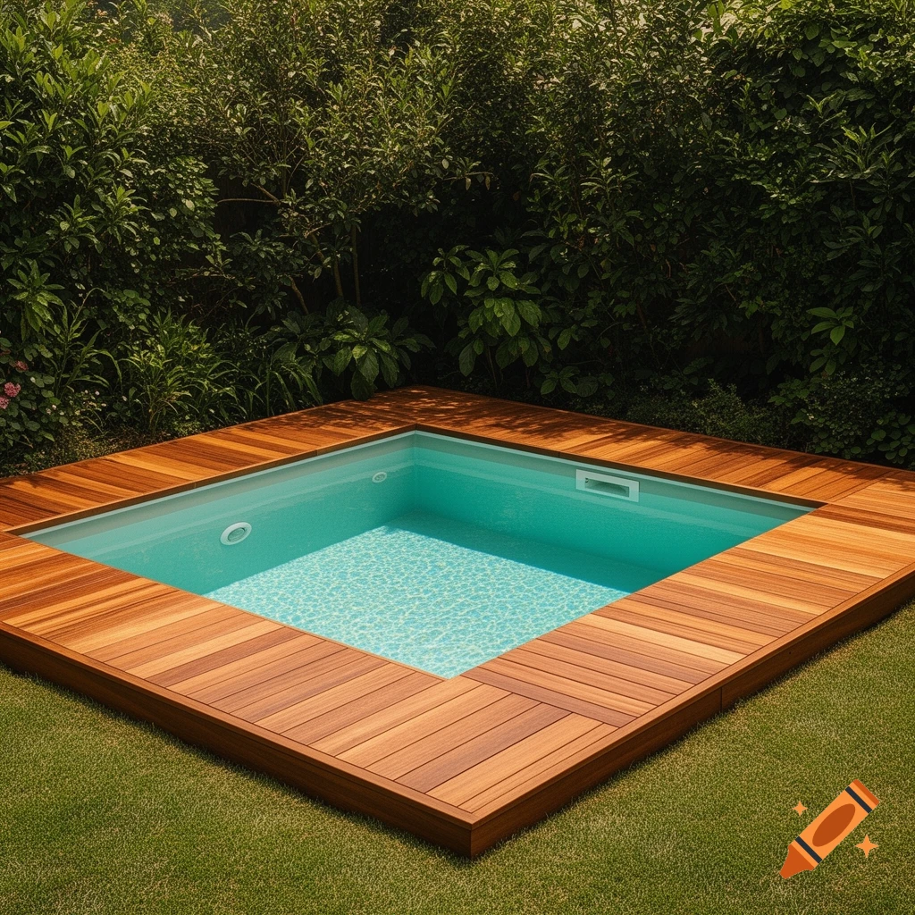 A small square swimming pool with turquoise water and a light brown wooden deck, set in a green grassy lawn with lush green bushes in the background.