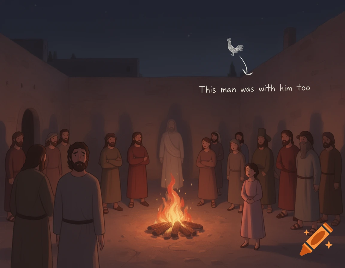 An illustration of a biblical scene with people around a campfire at night. A sad man is in the foreground, with text 'This man was with him too' and a rooster above.
