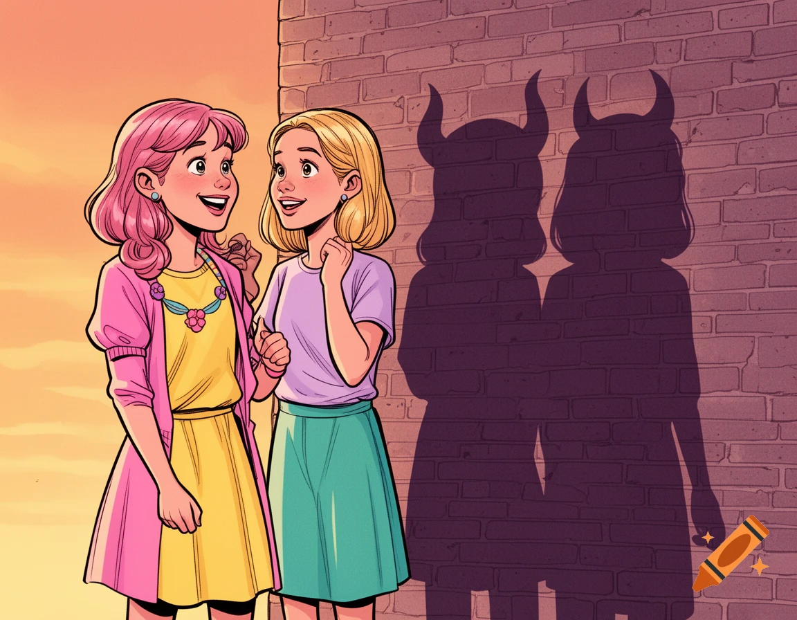 Two smiling comic art girls talking outdoors, one's shadow shows horns against a brick wall, implying manipulation.