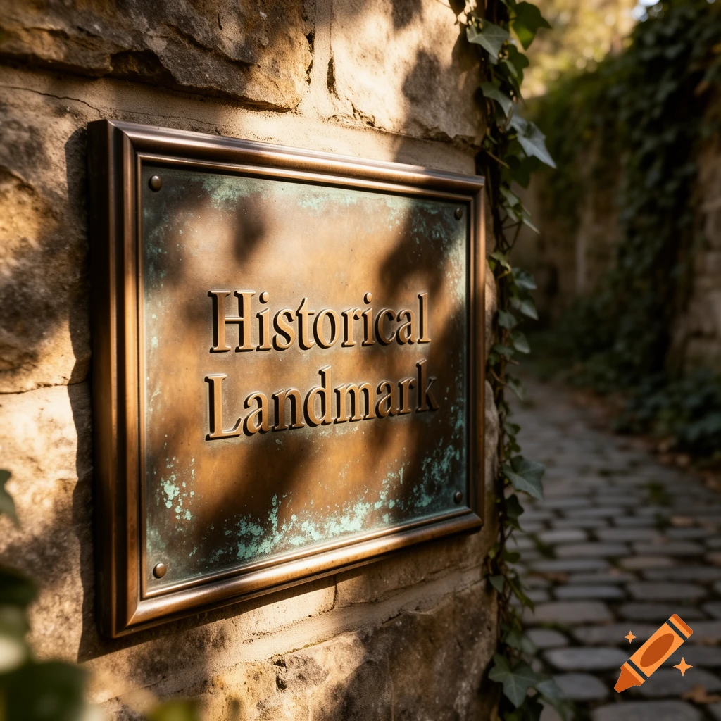 A weathered bronze plaque on a stone wall reads 'Historical Landmark', framed by ivy, with a cobblestone path in the background.
