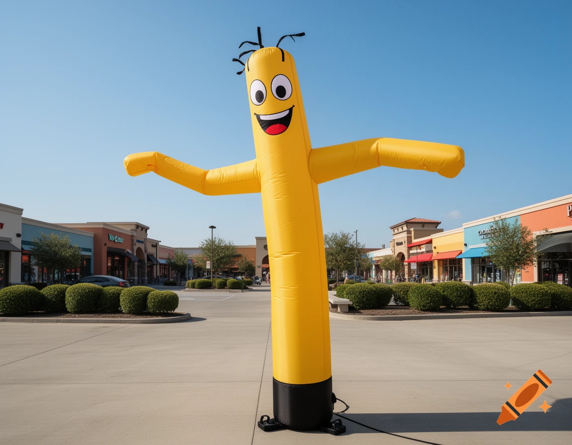 A tall yellow inflatable tube man with a happy face and flailing arms stands in a sunny parking lot in front of a colorful shopping center.