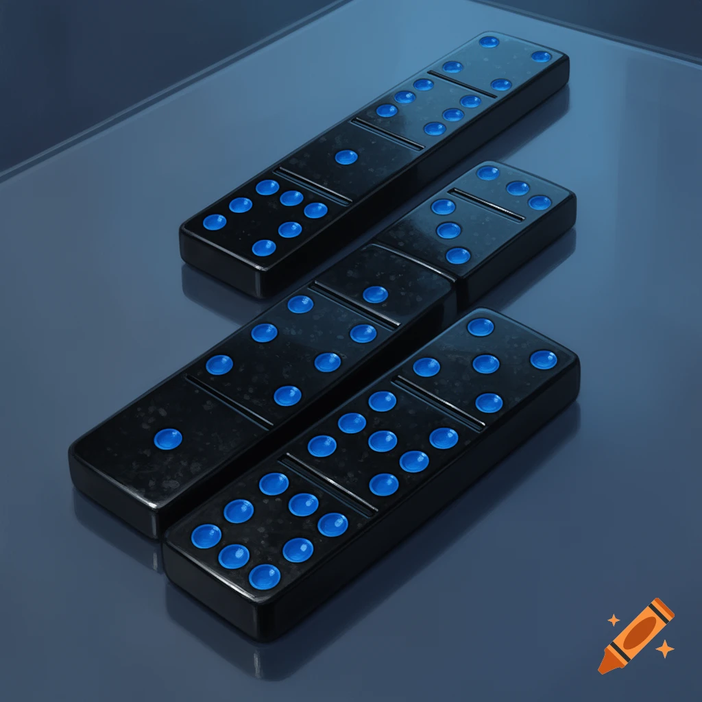 Three black dominoes with glowing blue dots are arranged diagonally on a dark, reflective surface.
