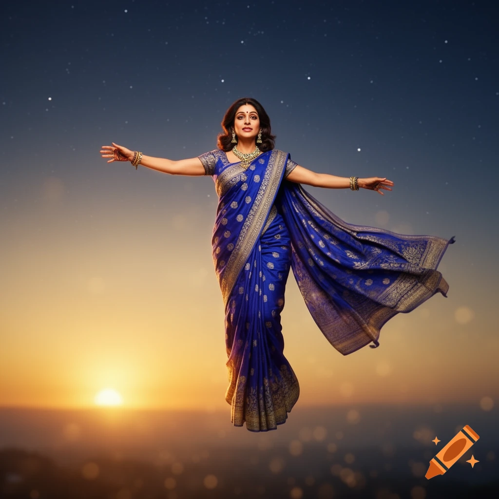 A woman in a royal blue saree with golden patterns floats against a twilight sky with a setting sun and scattered stars.